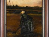an oil painting of a woman with a straw hat in a field