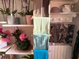 towels hanging on a rack in a room filled with potted plants