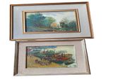 two framed paintings of boats on a beach with a house in the background