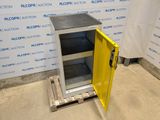 an image of a metal cabinet with a yellow door