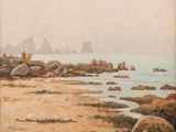 une image représentant un tableau représentant une scène de plage avec des rochers et de l'eau