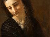 a painting of a woman with long hair in a black dress