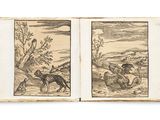 un livre ouvert sur lequel figurent deux dessins représentant un homme et un chien