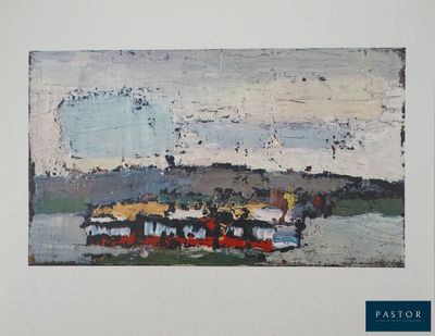 a painting of a train on the tracks by the water