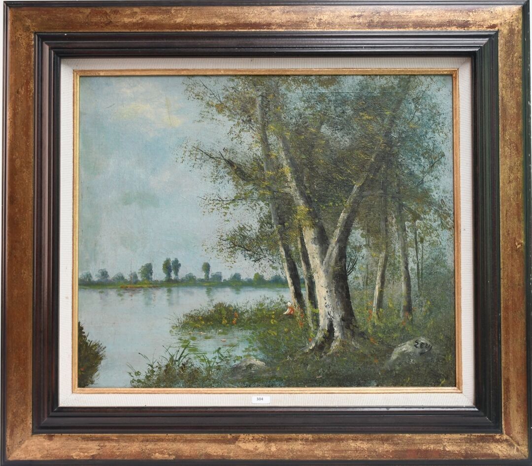 LERY (XXème s) "Bord de rivière" Huile sur toile, signée en bas à droite (rentoilage) 46 x 55 cm