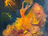 a painting of a woman in a yellow dress dancing