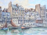 une peinture de bateaux dans un port avec des bâtiments à l'arrière-plan