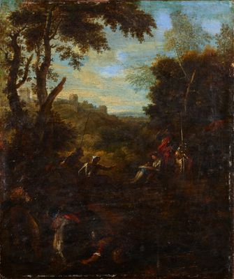 a painting of a painting of a man on horseback in a wooded area