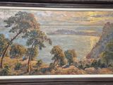 une peinture à l'huile représentant un paysage avec des arbres et un plan d'eau