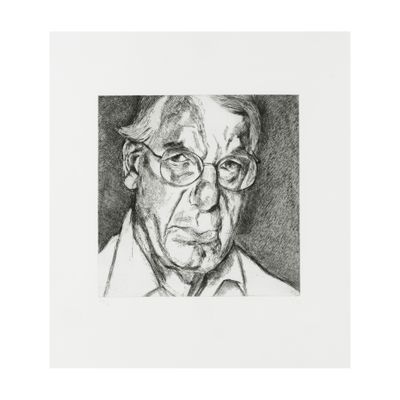 a drawing of an older man with glasses and a white shirt