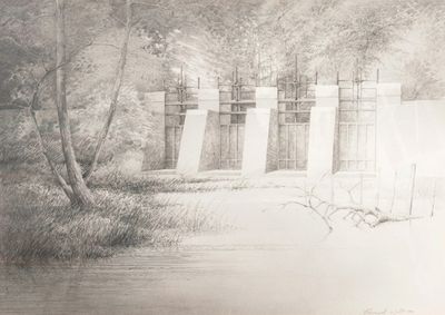 a drawing of a bridge over a body of water