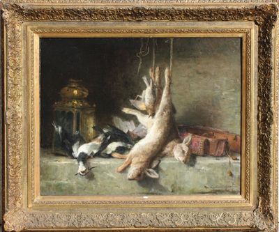 une peinture à l'huile représentant un lapin suspendu à une corde dans une pièce