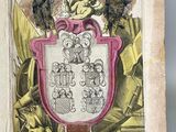 an open book with a drawing of a coat of arms on it