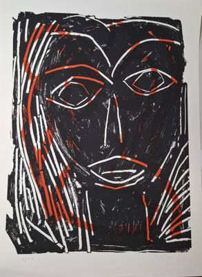 une image représentant un tableau du visage d'une femme, orné de lignes rouges et noires