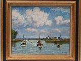 an oil painting of boats in a harbor with a lighthouse in the background