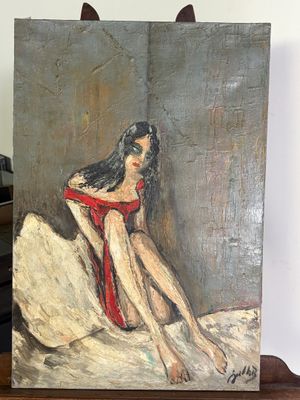 tableau représentant une femme en robe rouge assise sur un lit