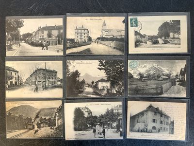 several old black and white photographs of a town with horses and carriages