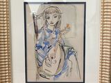 tableau représentant une femme jouant de la guitare, dans un cadre doré