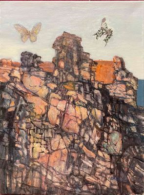 an oil painting of a rocky cliff with a butterfly flying over it