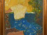 une peinture à l'huile représentant un homme assis sur un canapé, de dos par rapport à l'appareil photo