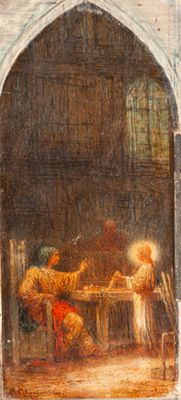 une image représentant un tableau où l'on voit un homme assis à une table avec un chien