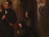 a painting of a group of people standing in front of a building