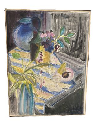 une peinture de fleurs dans un vase sur une table