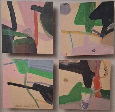 quatre tableaux accrochés au mur, de couleurs et de formes variées