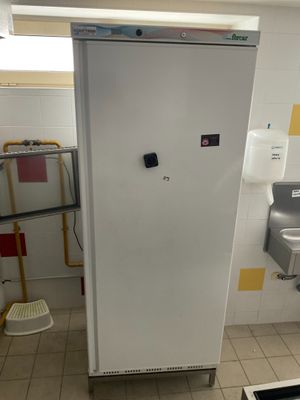 a white refrigerator in a bathroom with a sink and a mirror