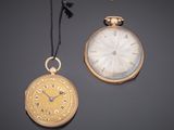an image of a gold pocket watch and a gold watch on a black background