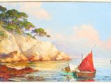 a painting of a sailboat on the water near a cliff