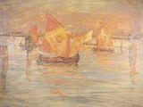 tableau représentant des bateaux sur l'eau, avec un pont en arrière-plan