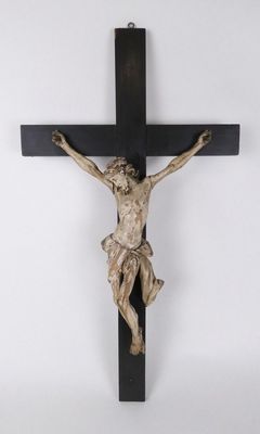 Religieux: Christ en croix en bois laqué (usure, mq, acc) pr…