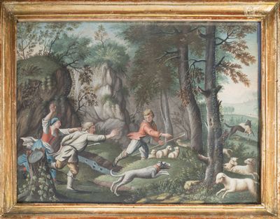 tableau représentant une scène de chasse avec des chasseurs et des chiens dans un décor boisé