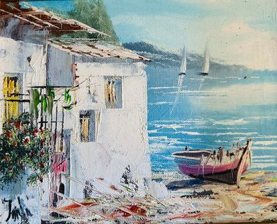 une peinture représentant un bateau sur l'eau, à côté d'un bâtiment