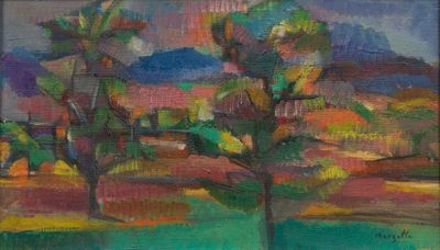 une image d'une peinture représentant un arbre dans un champ
