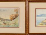 two watercolor paintings of a landscape with a mountain and a lake