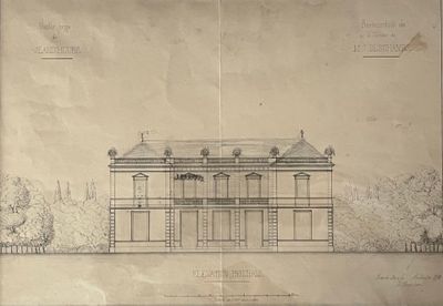 dessin représentant un bâtiment surmonté d'une horloge