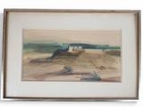 aquarelle encadrée représentant un avion sur une plage, avec un bateau en arrière-plan