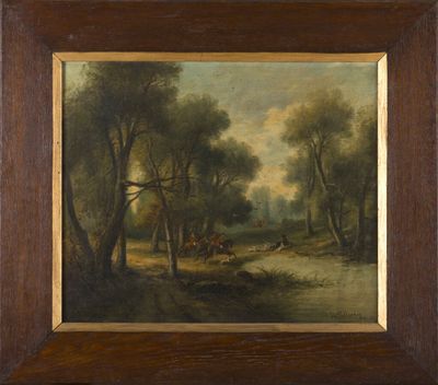 une image représentant un tableau représentant un paysage boisé avec un homme à cheval au bord d'un ruisseau
