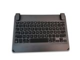 a close up of a black keyboard on a white surface