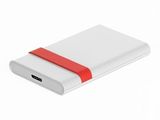 une image représentant une batterie externe blanche ornée d'un ruban rouge