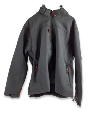 the back of a black jacket with red zippers on it