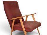 an image of a red chair with a wooden frame on a white background