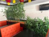 tables and benches in a restaurant with bamboo plants in the corner