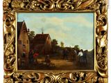 an image of a painting of a village scene with a horse drawn carriage