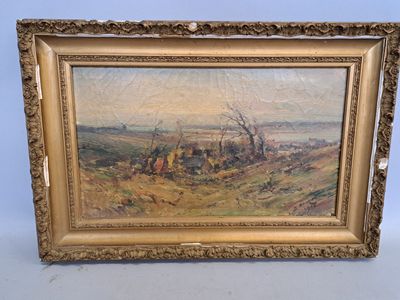 un tableau représentant un paysage avec une ferme au loin