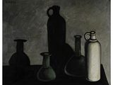 un tableau représentant des vases et une bouteille posés sur une table