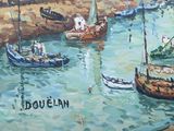 a painting of boats in the water near a shore
