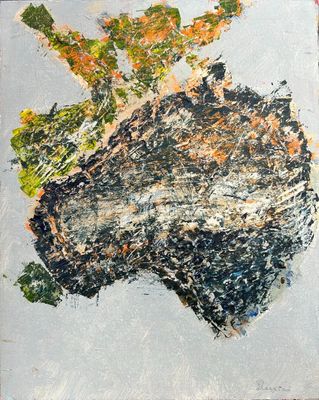 peinture représentant une carte de l'Australie sur laquelle figure un arbre